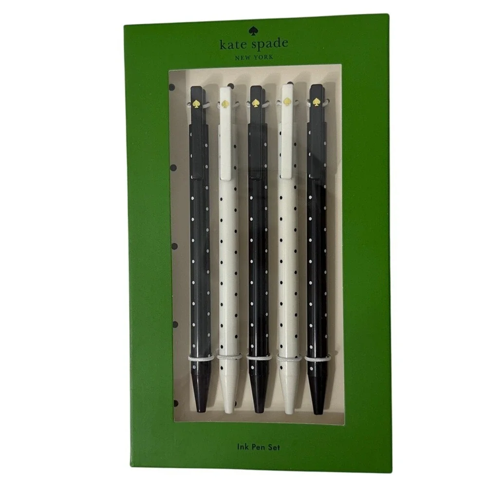 Kate Spade New York Ink Pen Set 5 Pack Black White Polka Dot Gold Spade Logo NIB